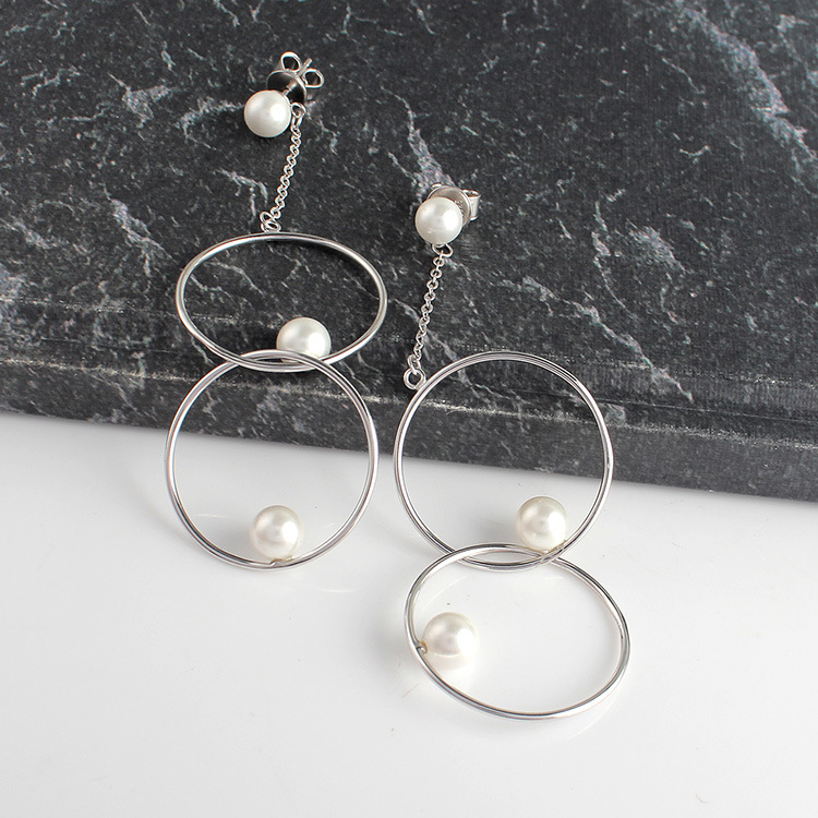 Fashion Jewelry Double Circle 925 Sliver Sterling Shell Pearl Earrings
