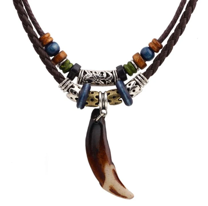 Adjustable Bohemian Stainless Steel Wolf Tooth Pendant Leather Necklace for Men