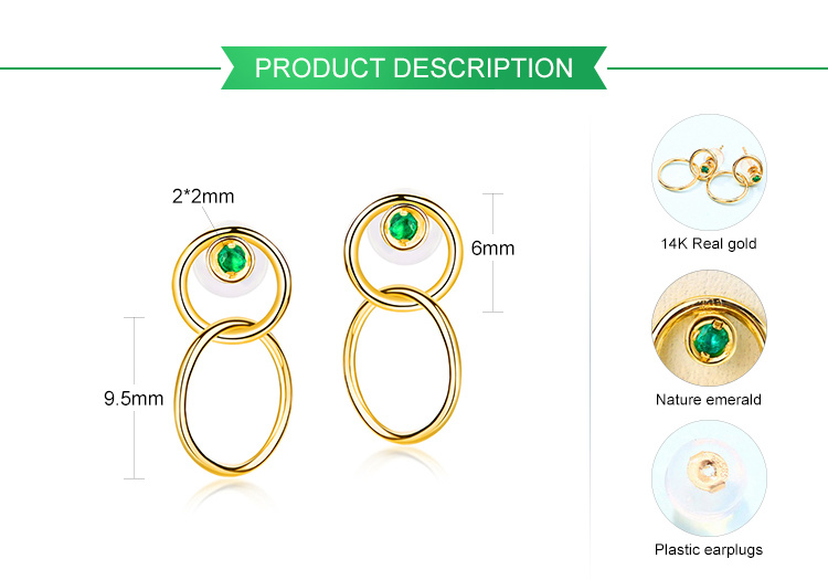 Hot Selling Pure Gold Emerald Jewelry Earrings 14K Gold Stud Earrings