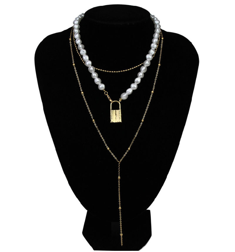Fashion Jewelry Multi Layers Drop Locket Necklace with Pearl Short Choker Necklace