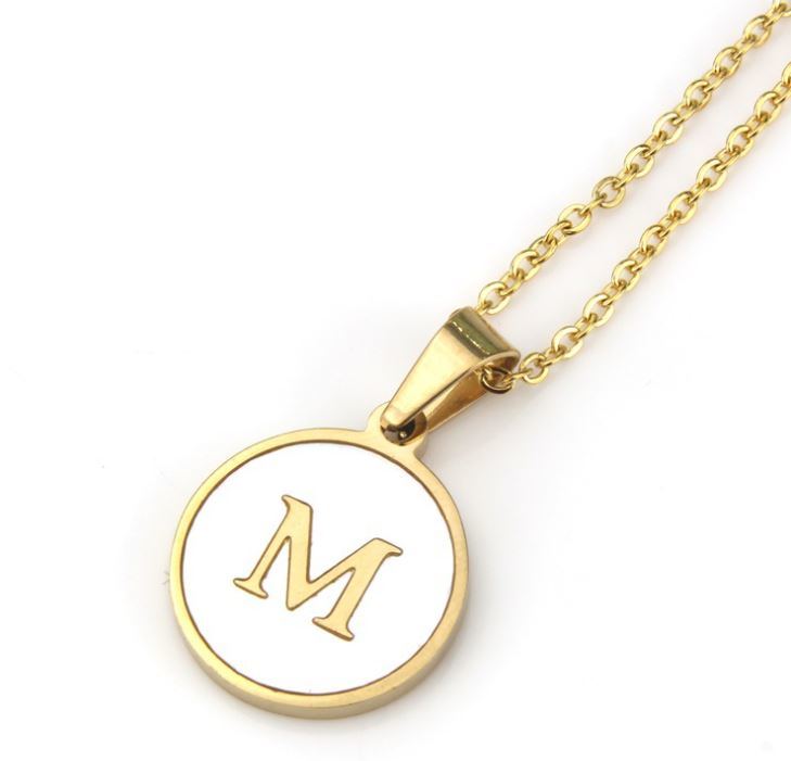 Fashion Delicate Bohemian Round Shell Initial 26 Letter Pendant Necklace Gold Plated Stainless Steel Necklace