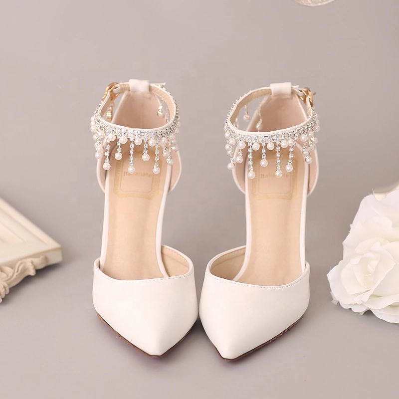 Stylish White Pearl Wedding Woman Summer Sandals Bridal Shoes Strap Heels