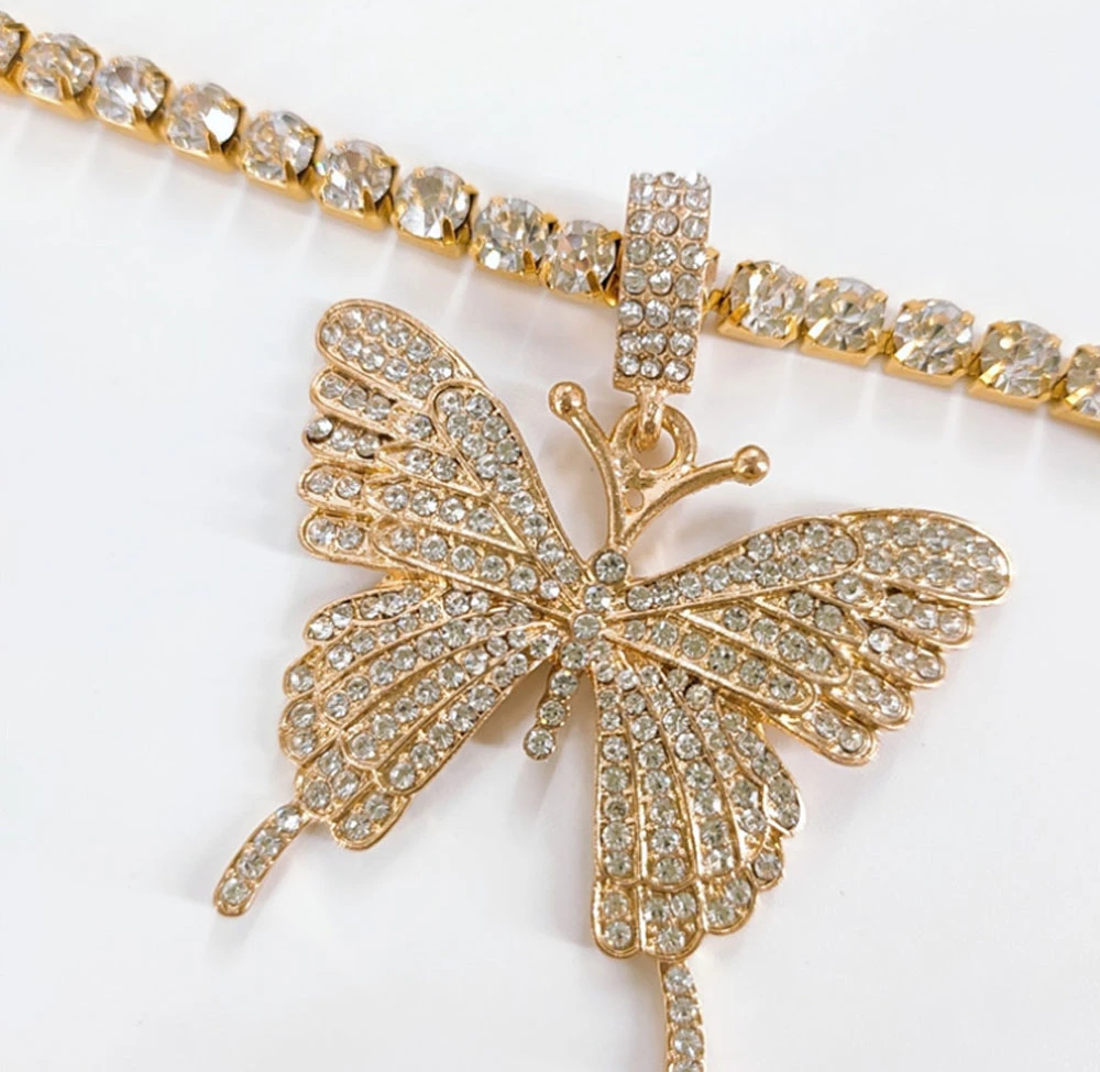 Luxury Women Iced out Jewelry Diamond Cuban Link Chain Butterfly Necklace Butterfly Layered Necklace