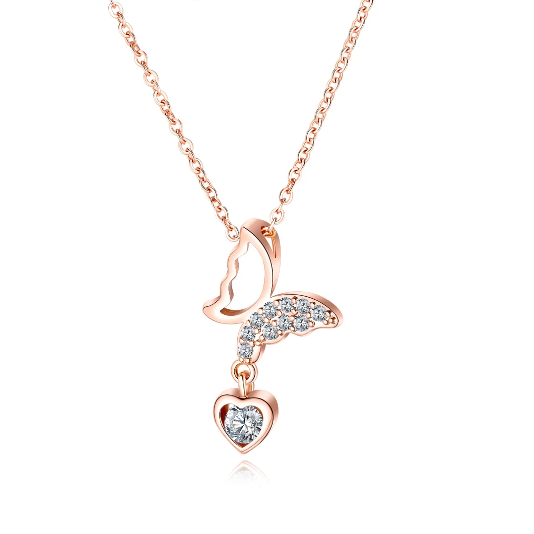 Gold-Plated Stainless Steel Hollow Butterfly Love Heart Diamond Clavicle Chain Necklace