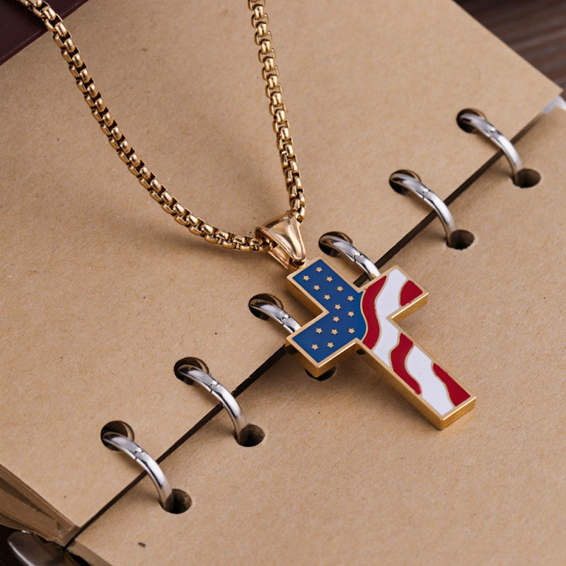 Gold Plated Stainless Steel Flag Cross Necklace