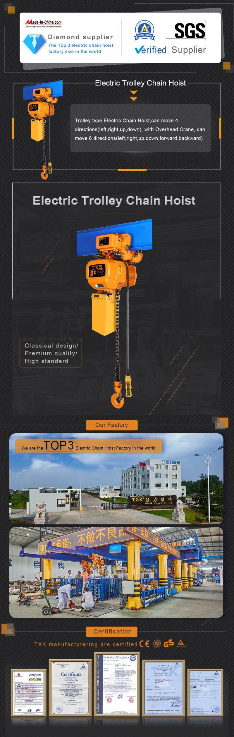 3t Electric Chain Hoist with Trolley G80 Japanese Chain