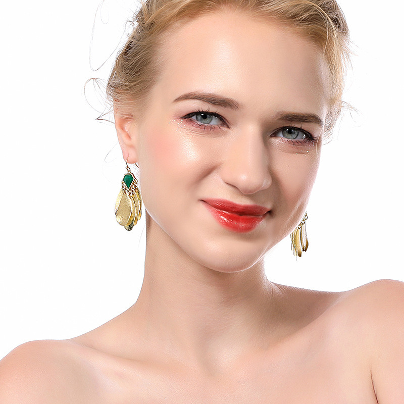 Gold Plated Women's Creative Sequin Gemstone Tassel Dangle Hook Earrings