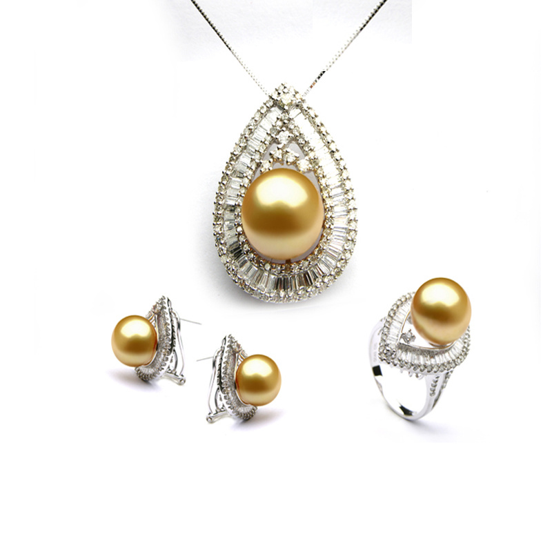 Natural Ocean Pearl Set 14K White Gold Dimond Jewelry