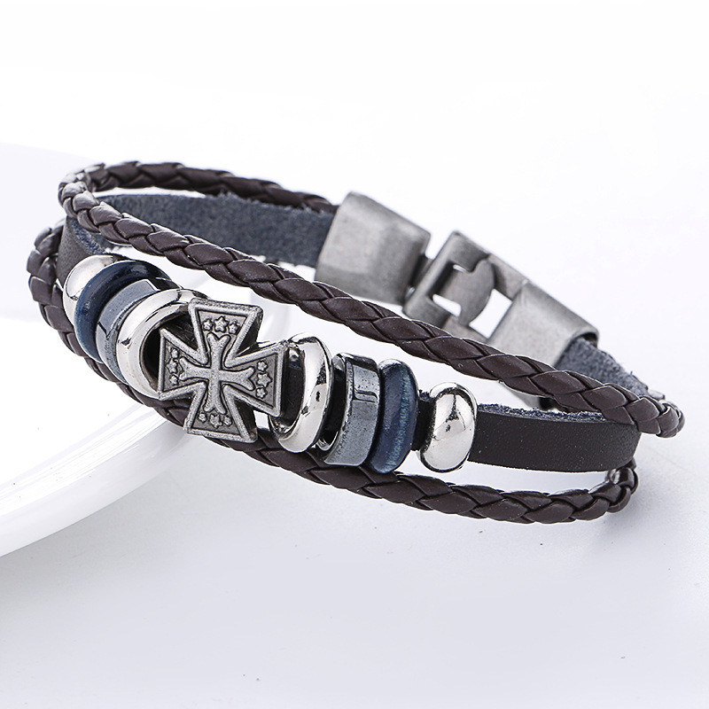 Fashion Accessories Leather Bracelet Jewelry Beaded with Cross Pendant for Promotion Gift