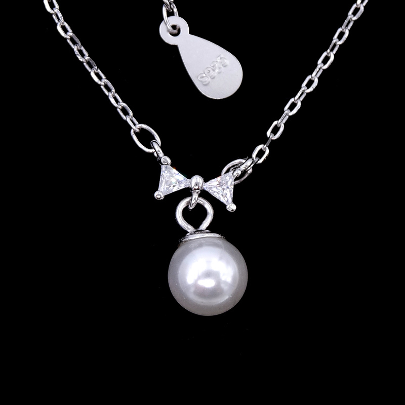 Bow Knot Shaped Real Silver Necklace Pearl Drop Pendant Necklace