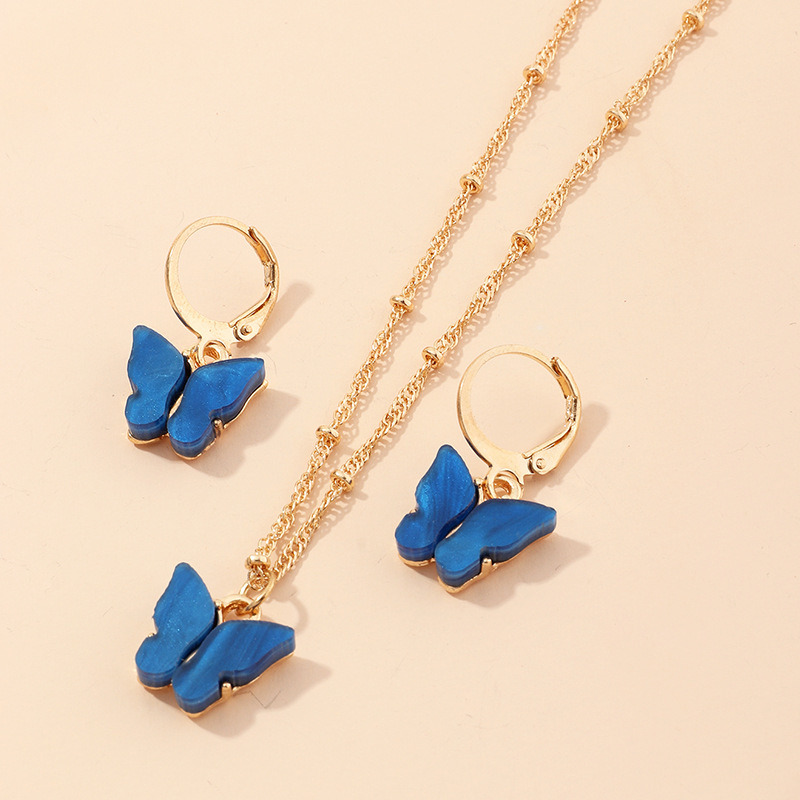 Creative Fashion Resin Butterfly Necklace Earring Jewelry Set
