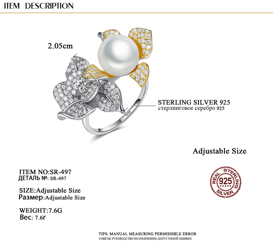 High Quality Flower Gold Plated S925 Silver CZ Freshwater Pearl Ring