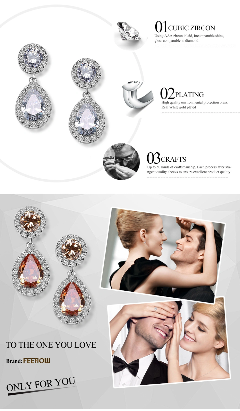 Simple Zirconia Stone Zircon CZ Stud Ear Rings Brass Drop Studs Earrings Jewelry Earring