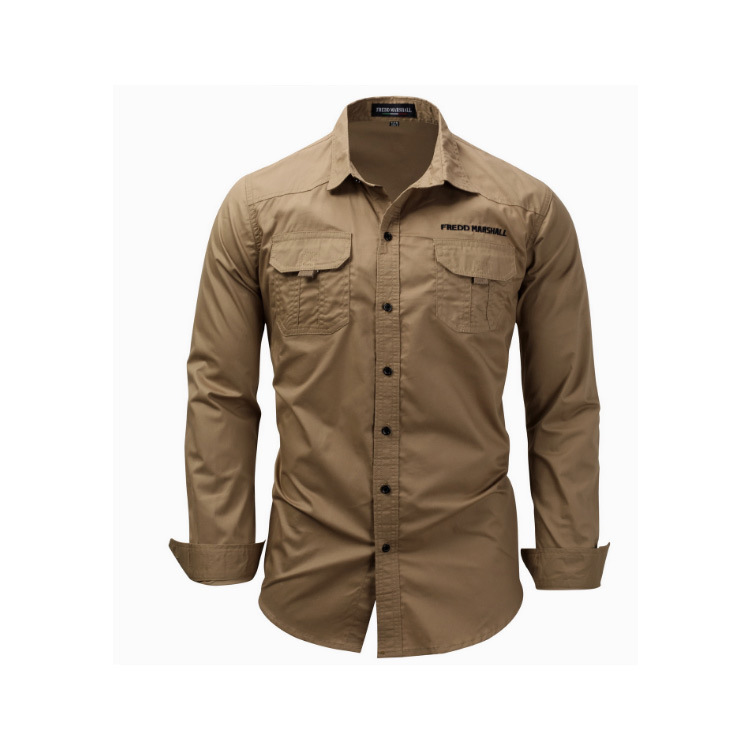 Men Shirts Fashion Mens Long Sleeve Slim Fit Outdoor Military Khaki Shirts