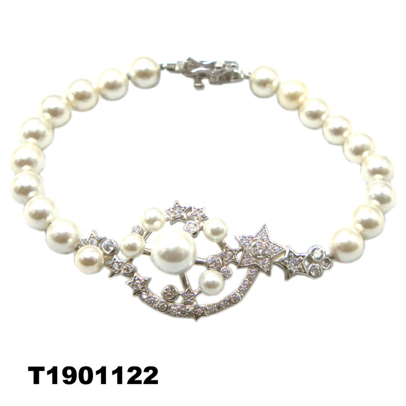 Pearl Bracelet/Rhodium Plated/Fashion Jewelry/Fashion Bracelet/Flower Shell Bracelet