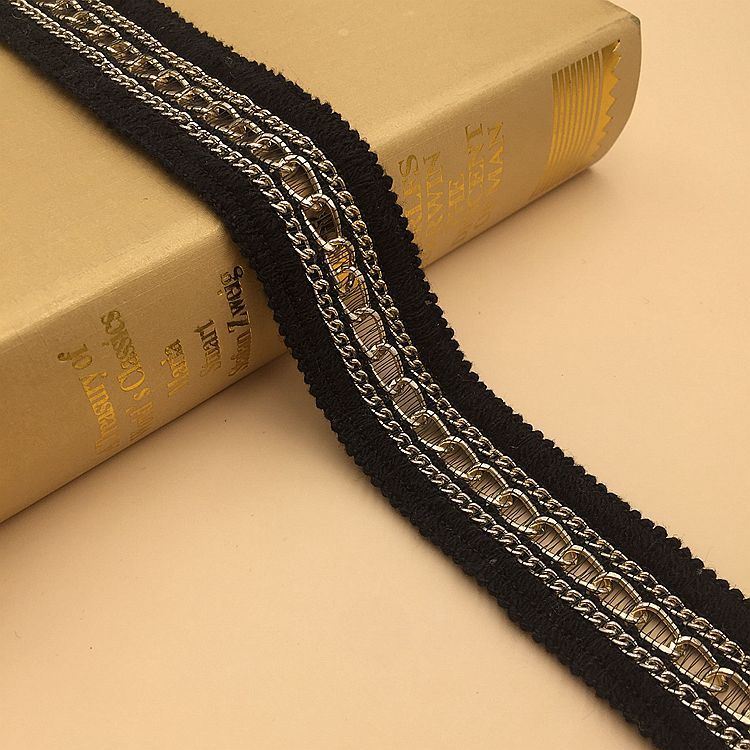 Crochet Woven Trim Ribbon with Gold Metal Chain