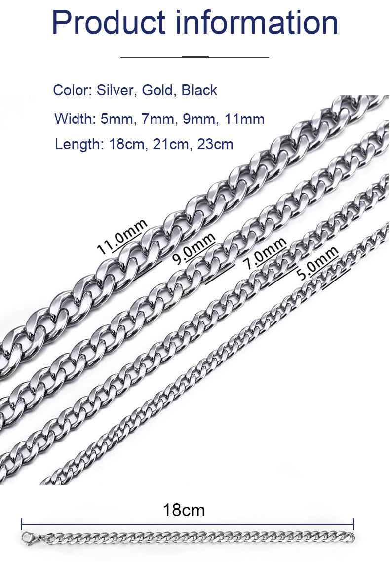 18cm Stainless Steel Curb Chain Bracelet Silver for Woman