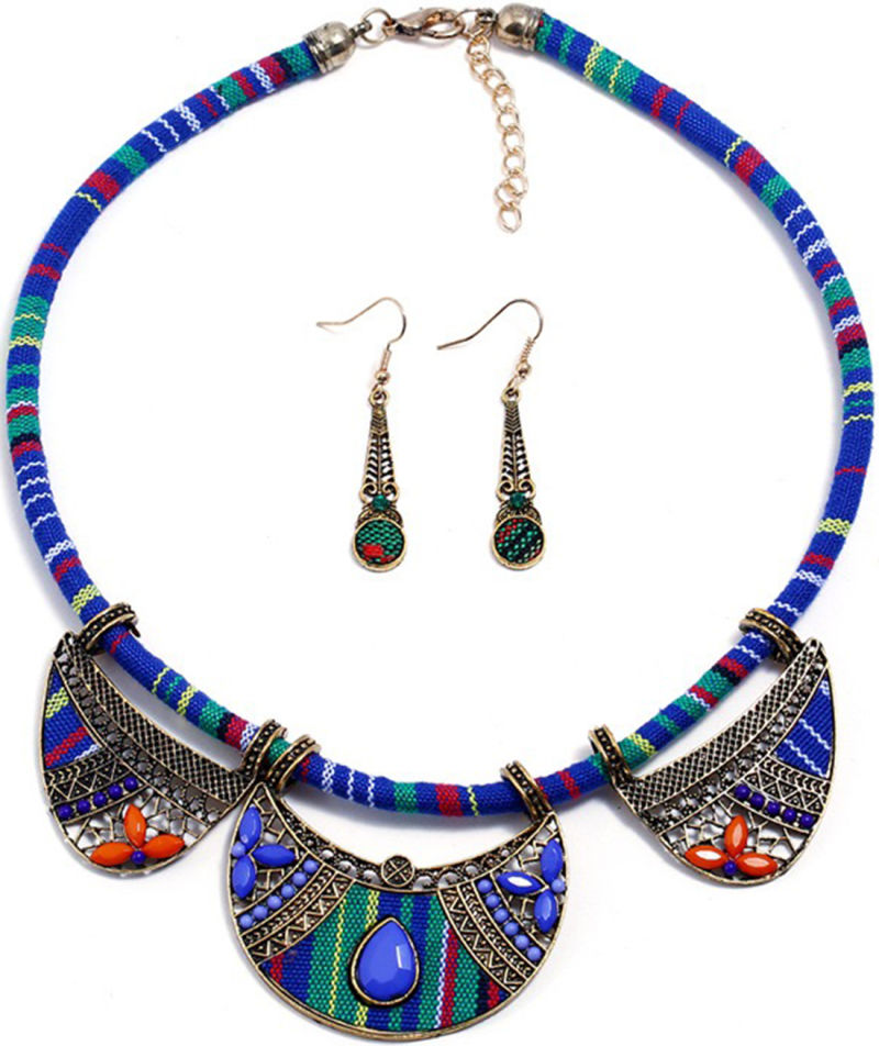 New Popular Blue Ethnic Style Earrings and Necklace Set Braided Cord Earrings and Necklaces Two Sets of Ornaments