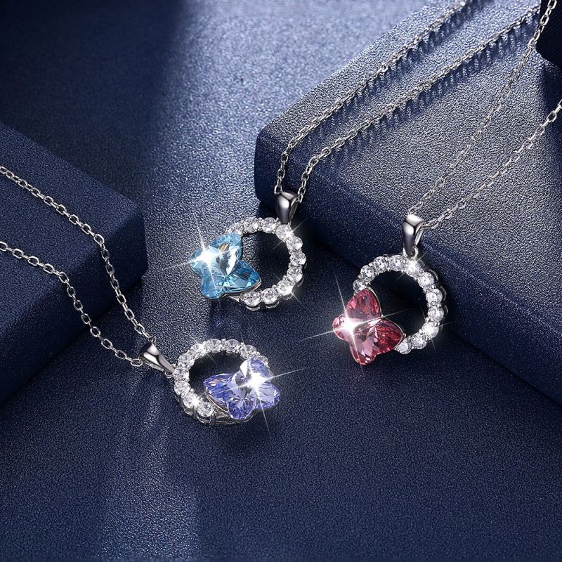 Fashion Necklace Jewelry Statement Gift Elegant Swarovski Elements Jewelry Colorful Crystal Butterfly 925 Sterling Silver Simple Necklace