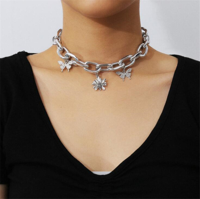 Ins Thick Chain Clavicle Chain Necklace Simple Butterfly Flower Necklace Female