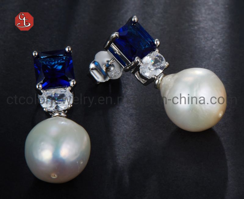 White Baroque Pearl Silver or Brass Earrings Blue CZ Stud Earrings Freshwater Pearl Drop Earring