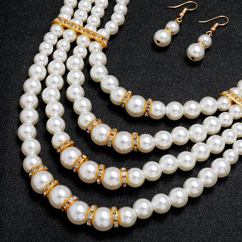 Fashion Silver Gold Plated Multilayer Freshwater Pearl Necklace Jewelry Set
