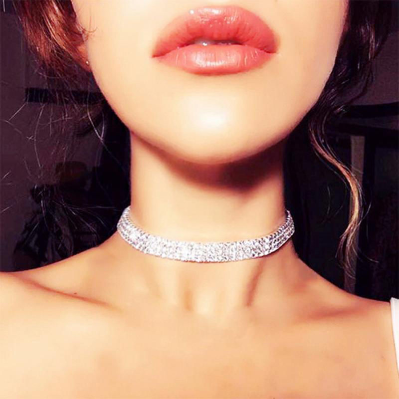 New Crystal Rhinestone Choker Necklace Women Wedding Accessories Silver Color Chain Punk Gothic Chokers Jewelry Collier Femme