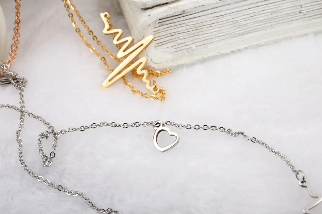 Viennois Rose Gold Color Heart Chain Necklaces for Woman Metallic Electrocardiogram Shape Statement Necklace Female Accessories