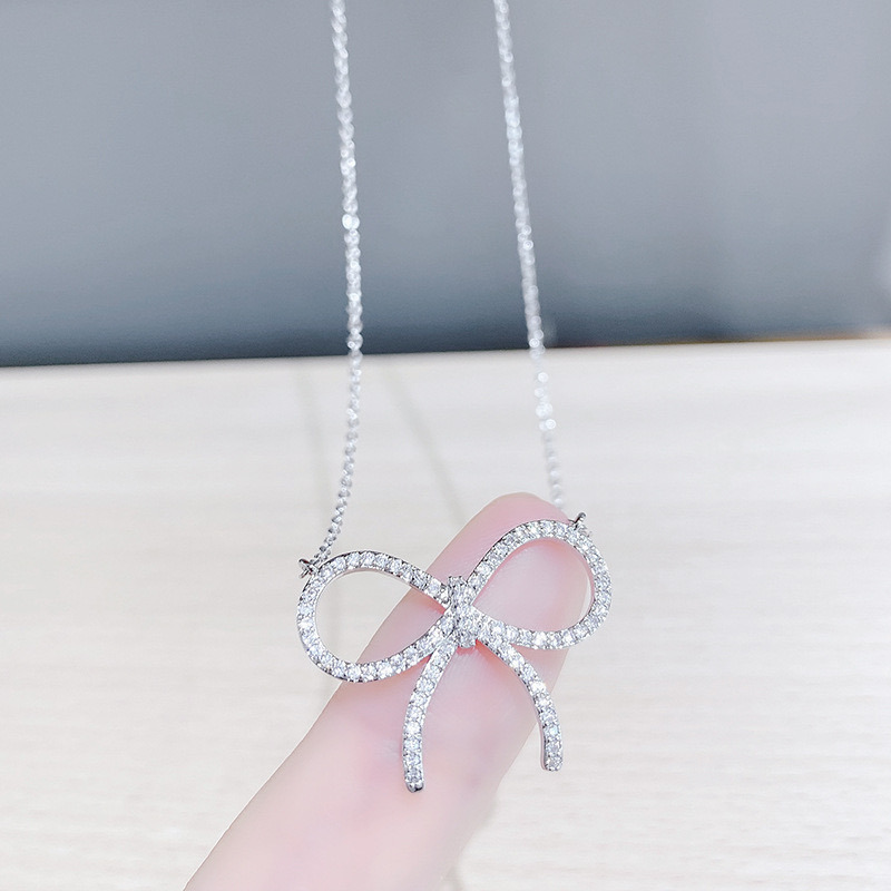 New Fashion Women Special Jewelry Minimalist 925 Sterling Silver Bow Diamond Initial Pendant Necklace