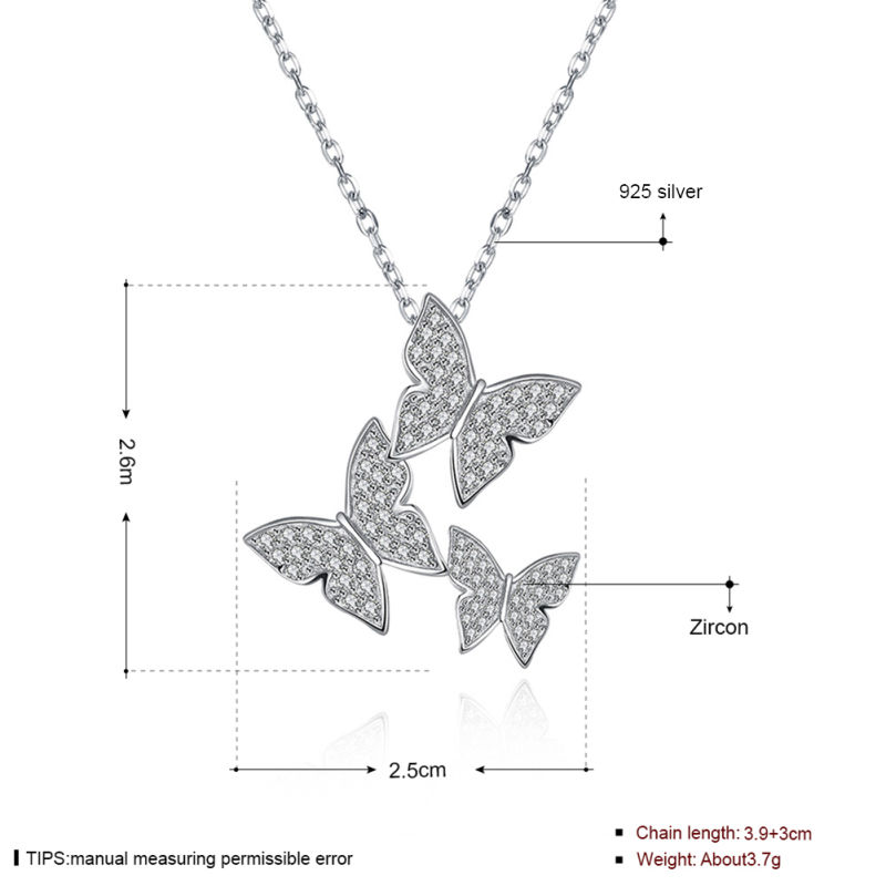 925 Sterling Silver Jewelry Three Butterfly Zircon Pendant Necklace