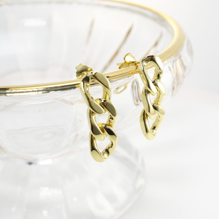 Jewelry Custom 3 Hoops 925 Sterling Silver 18K Gold Plated Cuban Link Stud Long Chain Earrings