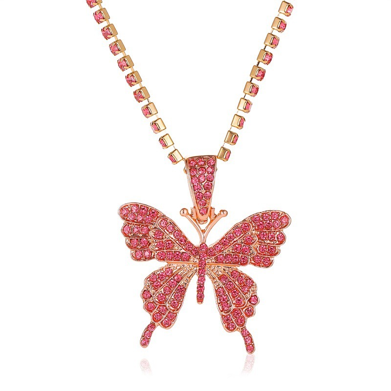Fashion Hiphop Diamond Cuban Link Pink Butterfly Necklace Pendant Chain