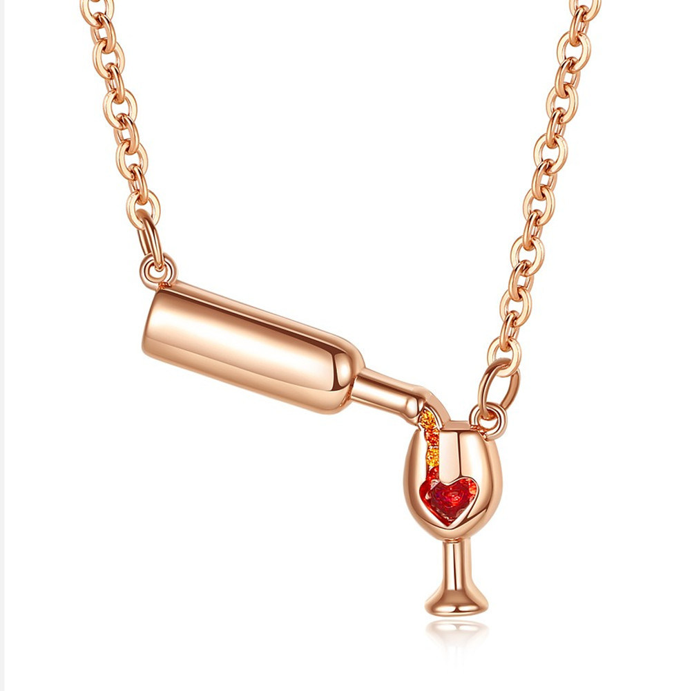 Love Wine Women Pendant Necklace Woman Necklace & Pendant Cubic Zirconia Unique Design Jewelry Wine Bottle, Wine Glass Necklace