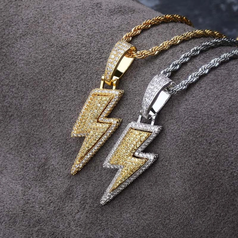 Hiphop Lightning Pendant Zircon Charms Gold Plated Tennis Twisted Chain Necklace