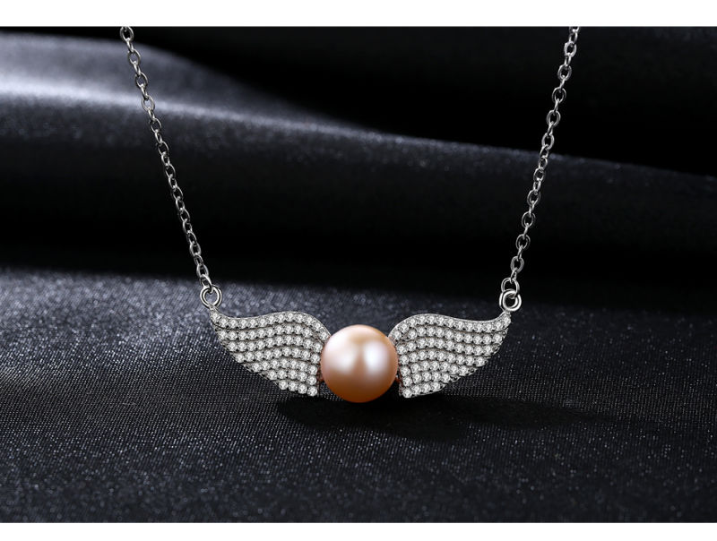 Angel Wings Shape Sterling Silver Freshwater Pearl Pendant Necklaces