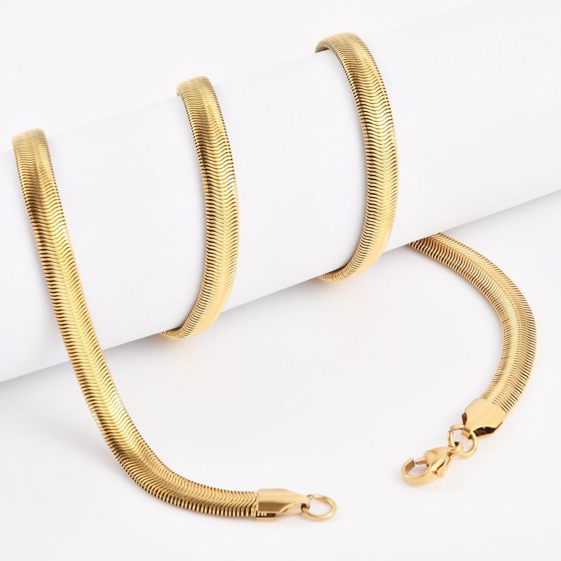 Fashion Gold Plating Stainless Steel Anklet Hip Hop Mens' Jewelry Flat Snake Chain Necklace with Clasp 18inch