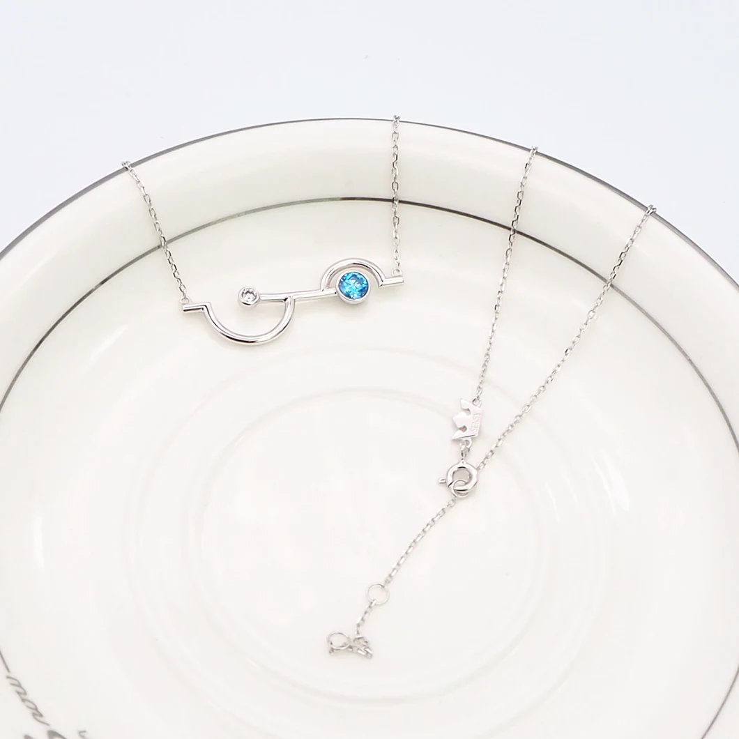 New Design Fashion Jewelry 925 Sterling Silver Blue Cubic Zirconia Clavicle Chain Necklace Bar Necklace