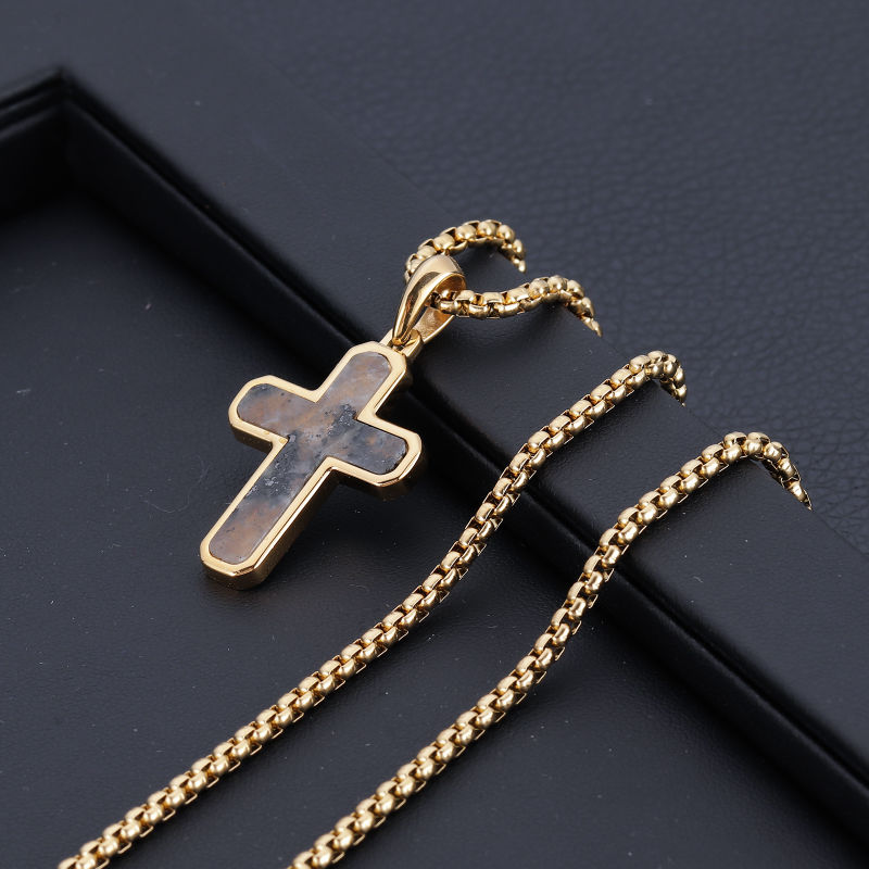 Gold Plated Stainless Steel Inlaid Cross Pendant Necklace