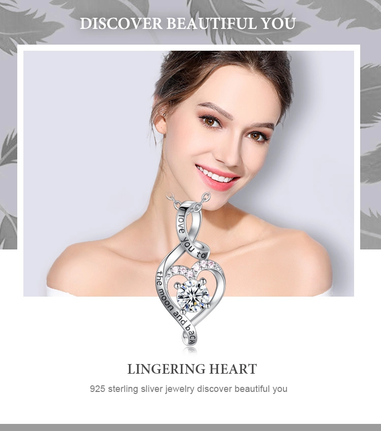 925 Sterling Silver CZ I Love You to The Moon and Back Heart Necklace
