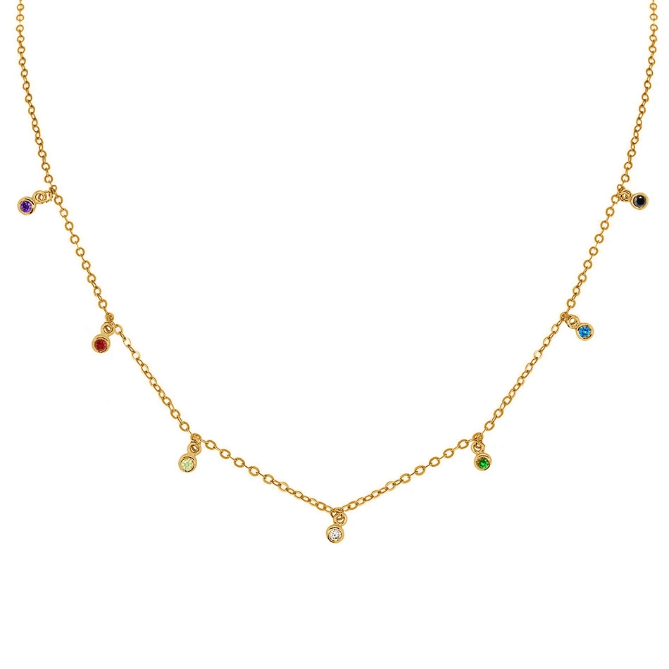 New Women Necklace 925 Sterling Silver 18K Gold Plated Confetti Rainbow Necklace