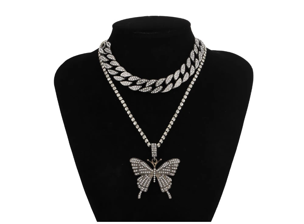 2PCS Set Exaggerated Inlaid Women's Retro Set Jewelry Necklace Diamond Geometric Chain Cuban Butterfly Necklaces