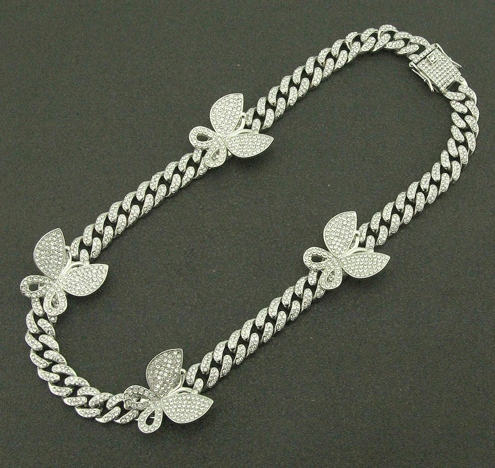 Bling Bling Hip Hop Crystal Rose Gold Butterfly Cuban Link Chain Choker Necklace