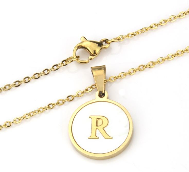 Fashion Delicate Bohemian Round Shell Initial 26 Letter Pendant Necklace Gold Plated Stainless Steel Necklace