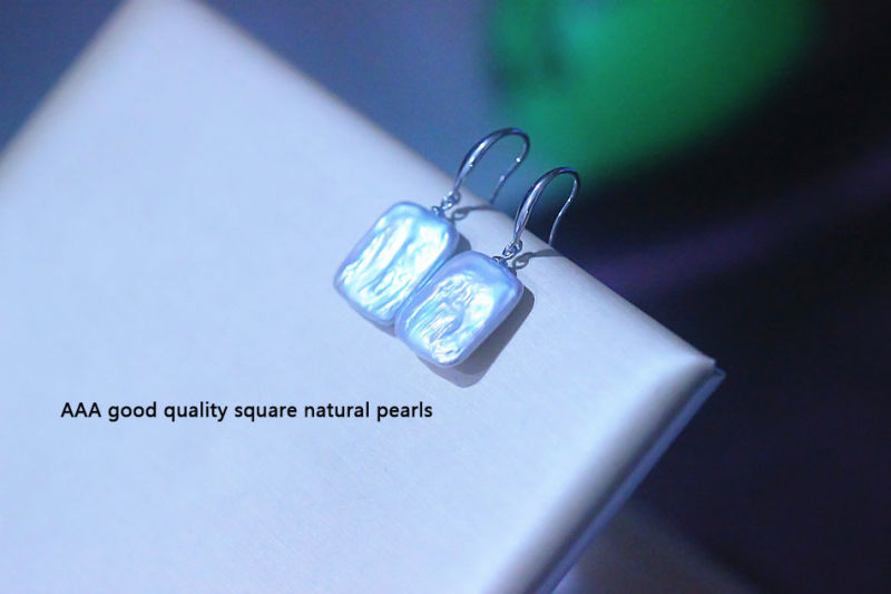 Sterling Silver Square Baroque Genuine Natural Cultured Freshwater Pearl Drop Earrings