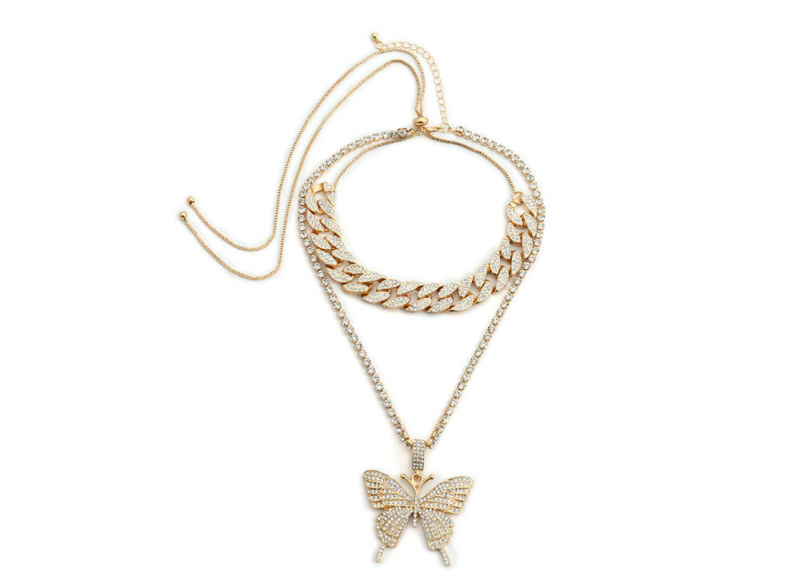 Gold Necklace Butterfly Women, Butterfly Choker Necklace, Diamond Cuban Link Butterfly Necklace
