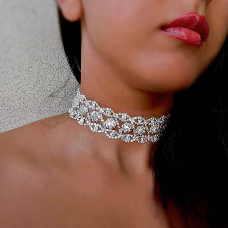 Luxury Crystal Beads Collar Chokers Necklace & Pendant Geometry Rows Wedding Rhinestone Bead Necklace (ESG10253)