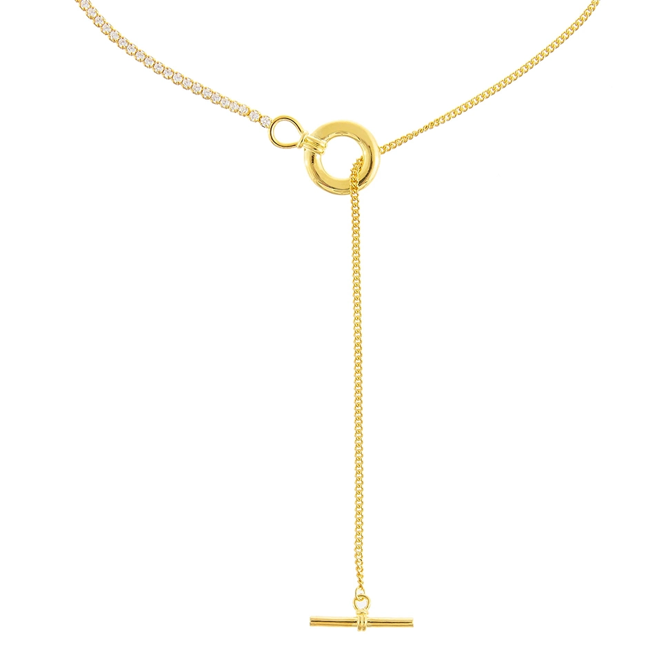 18K Gold Plated Classic Necklace 925 Sterling Silver CZ X Cuban Chain Toggle Lariat Necklace