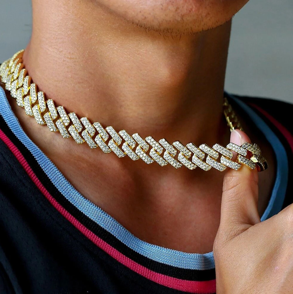 European Hotselling Men's HIPS Hops Rap Jewelry Iced out Bling Crystal Cuban Chain Necklace 15mm Gold Miami Cuban Chain Necklace