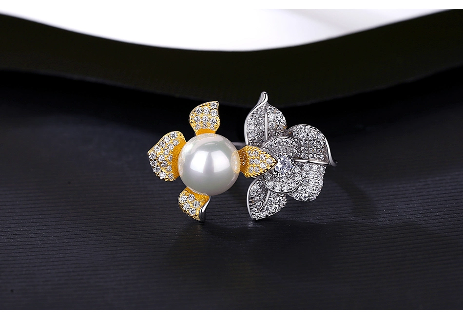 High Quality Flower Gold Plated S925 Silver CZ Freshwater Pearl Ring