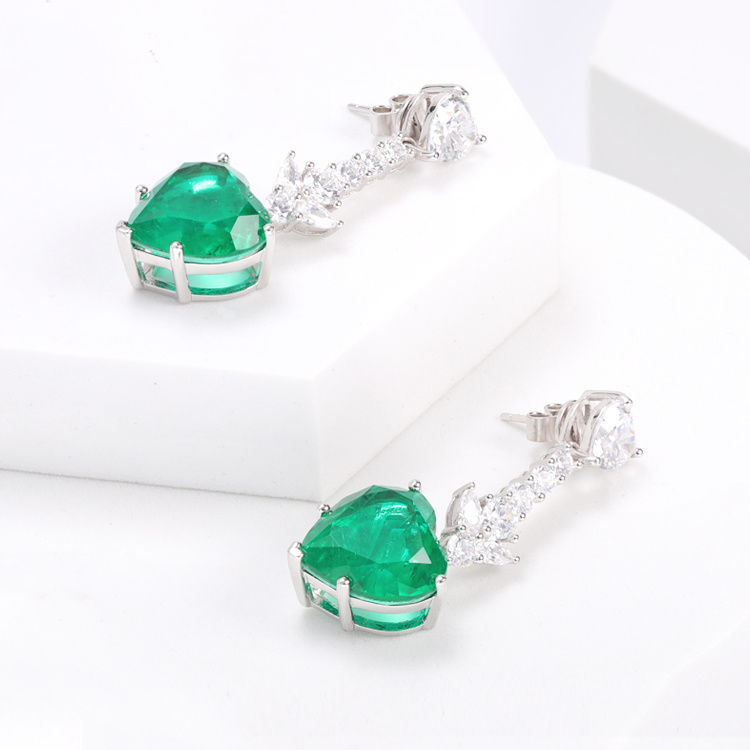 Emerald Earrings Heart Shape Drop Long Earrings for Women